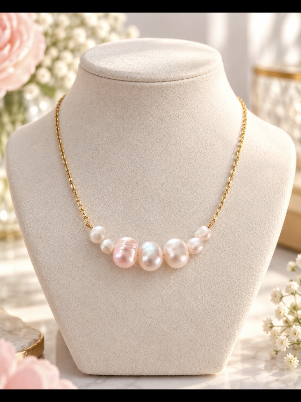 Gold Chain Necklace with Pink and White Pearls
